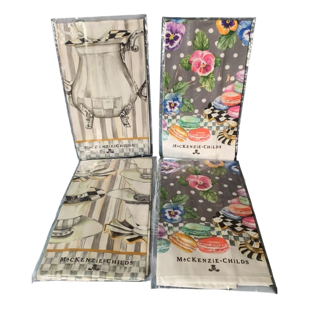 NEW NWT 4 MACKENZIE-CHILDS Macaron & Tea Pot Dish Towel Set Lot 18”x26”